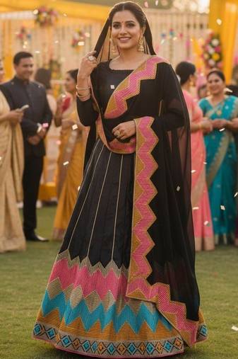 Thread Work Semi-Stitched Lehenga & Unstitched Blouse With Dupatta