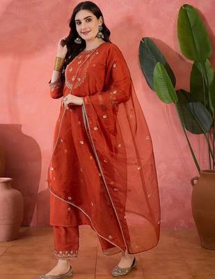 Women sequence embroidered straight kurta with trouser & dupatta 5