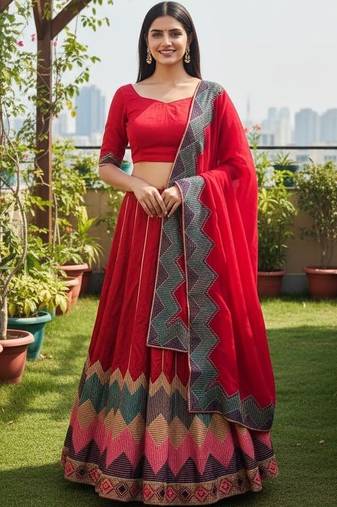 Thread Work Semi-Stitched Lehenga & Unstitched Blouse With Dupatta