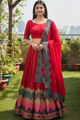 Thread Work Semi-Stitched Lehenga & Unstitched Blouse With Dupatta