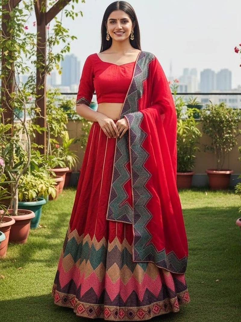 Thread Work Semi-Stitched Lehenga & Unstitched Blouse With Dupatta