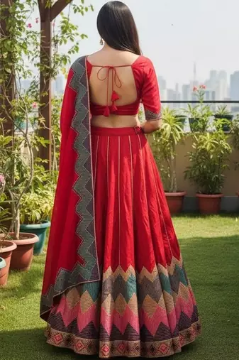 Thread Work Semi-Stitched Lehenga & Unstitched Blouse With Dupatta