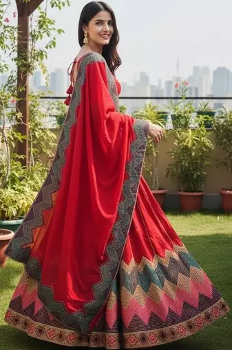 Thread Work Semi-Stitched Lehenga & Unstitched Blouse With Dupatta