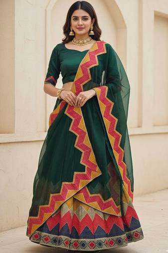 Thread Work Semi-Stitched Lehenga & Unstitched Blouse With Dupatta