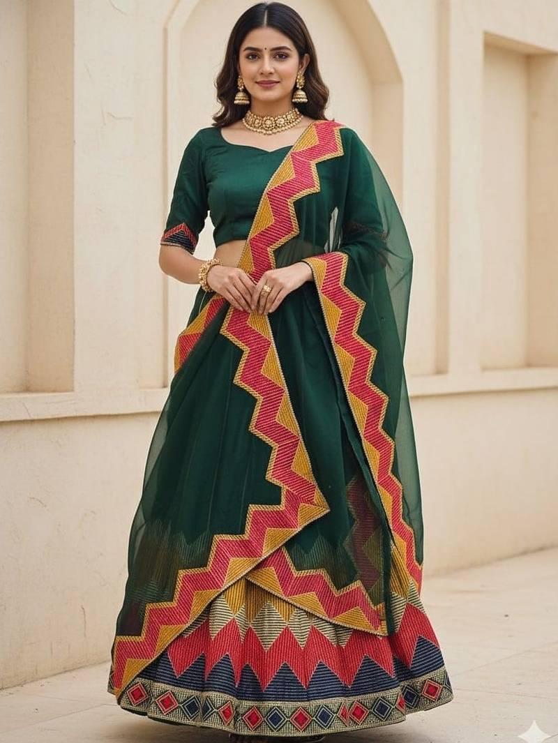 Thread Work Semi-Stitched Lehenga & Unstitched Blouse With Dupatta