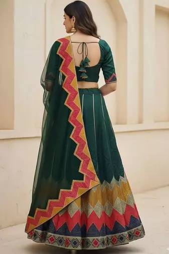 Thread Work Semi-Stitched Lehenga & Unstitched Blouse With Dupatta