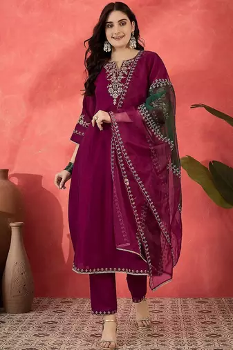 Women floral embroidered a-line kurta with trousers & dupatta