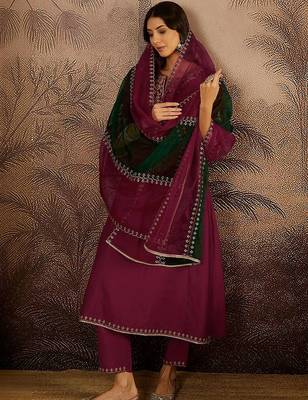 Zari sequence thread embroidered a-line kurta & trousers with dupatta 1