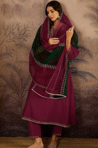 Zari sequence thread embroidered a-line kurta & trousers with dupatta