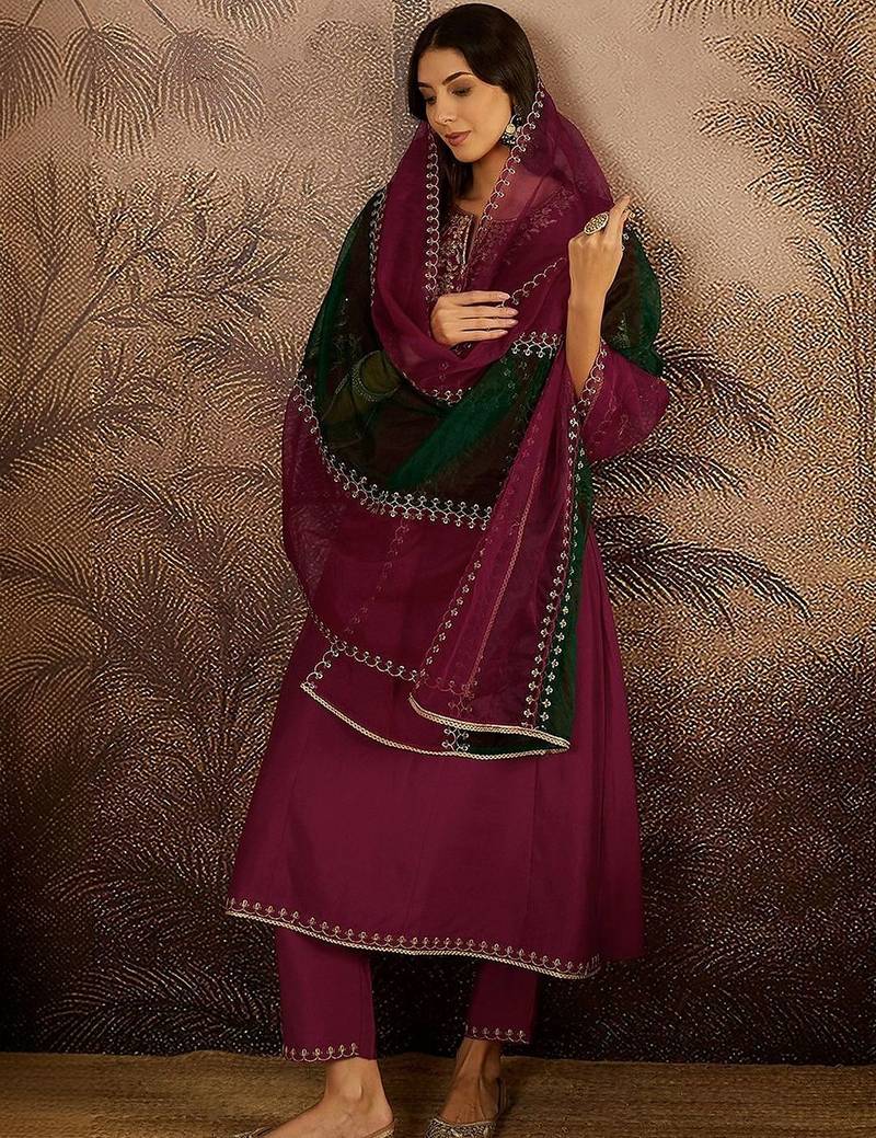 Zari sequence thread embroidered a-line kurta & trousers with dupatta