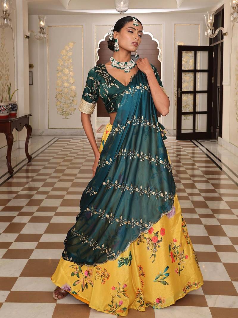 Embroidered Sequinned Semi-Stitched Lehenga & Unstitched Blouse With Dupatta