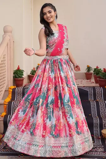 Embroidered Sequinned Semi-Stitched Lehenga & Unstitched Blouse With Dupatta