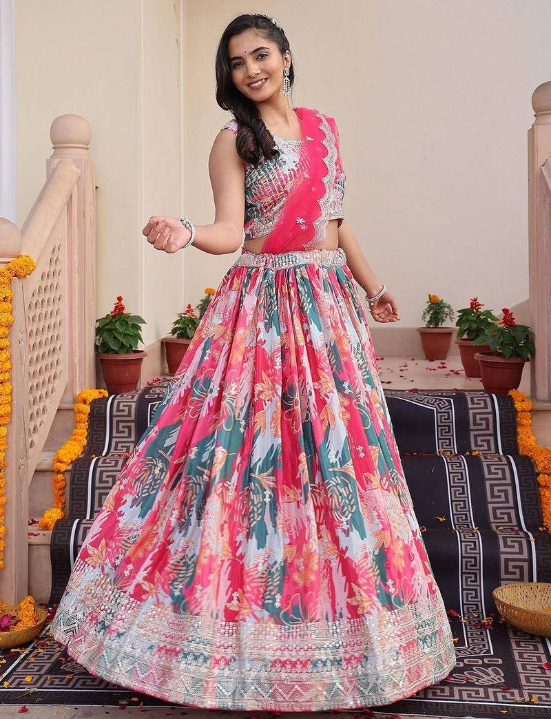 Embroidered Sequinned Semi-Stitched Lehenga & Unstitched Blouse With Dupatta