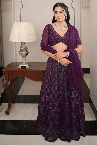 Embroidered Foil Print Semi-Stitched Lehenga & Unstitched Blouse With Dupatta