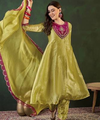 Floral embroidered a-line kurta trouser with dupatta 1
