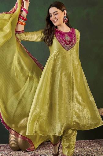 Floral embroidered a-line kurta trouser with dupatta