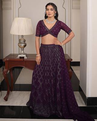 Embroidered Foil Print Semi-Stitched Lehenga & Unstitched Blouse With Dupatta 4