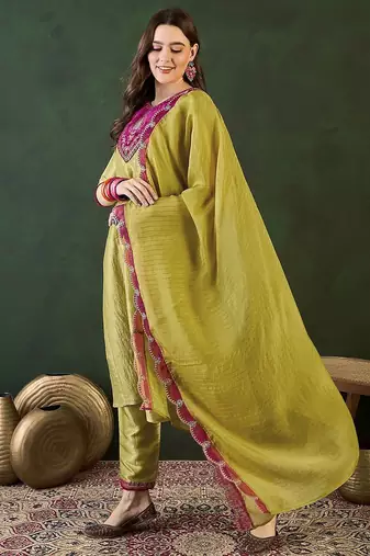 Floral embroidered a-line kurta trouser with dupatta
