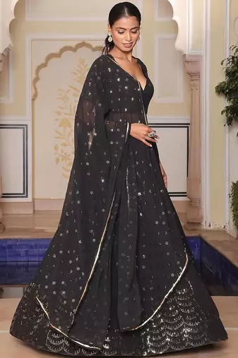 Embroidered Foil Print Semi-Stitched Lehenga & Unstitched Blouse With Dupatta