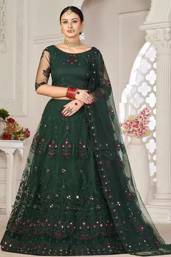 Embroidered Mirror Work Semi-Stitched Lehenga & Unstitched Blouse With Dupatta