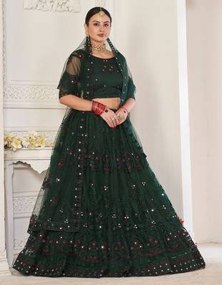 Embroidered Mirror Work Semi-Stitched Lehenga & Unstitched Blouse With Dupatta 3