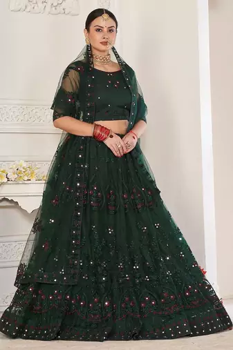 Embroidered Mirror Work Semi-Stitched Lehenga & Unstitched Blouse With Dupatta