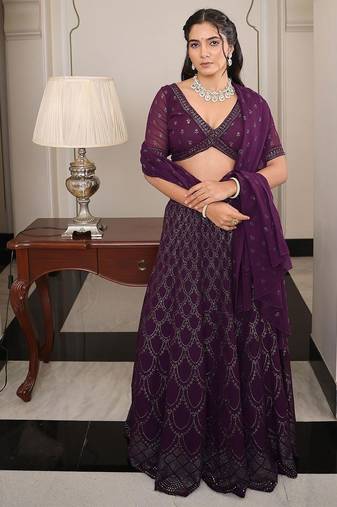 Embroidered Foil Print Semi-Stitched Lehenga & Unstitched Blouse With Dupatta