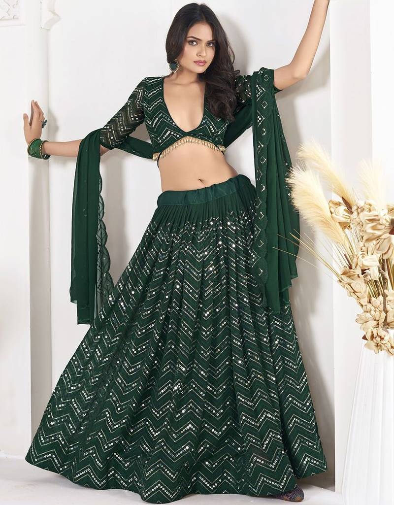 Embroidered Sequinned Semi-Stitched Lehenga & Unstitched Blouse With Dupatta