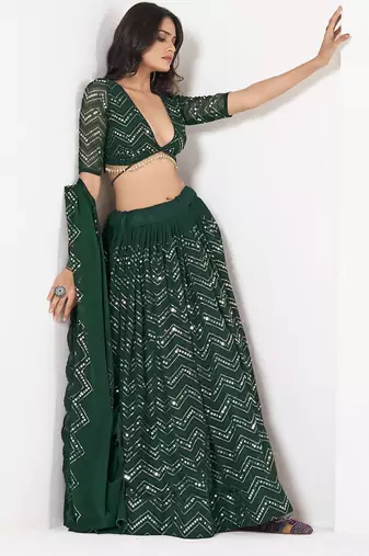 Embroidered Sequinned Semi-Stitched Lehenga & Unstitched Blouse With Dupatta