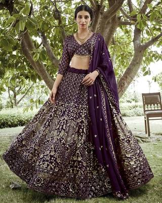 Embroidered Sequinned Semi-Stitched Lehenga & Unstitched Blouse With Dupatta 1