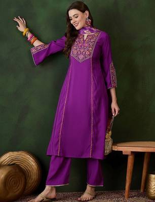 Purple floral embroidered mirror work  a-line kurta with trouser and dupatta 1