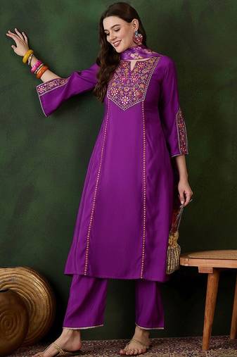 Purple floral embroidered mirror work  a-line kurta with trouser and dupatta