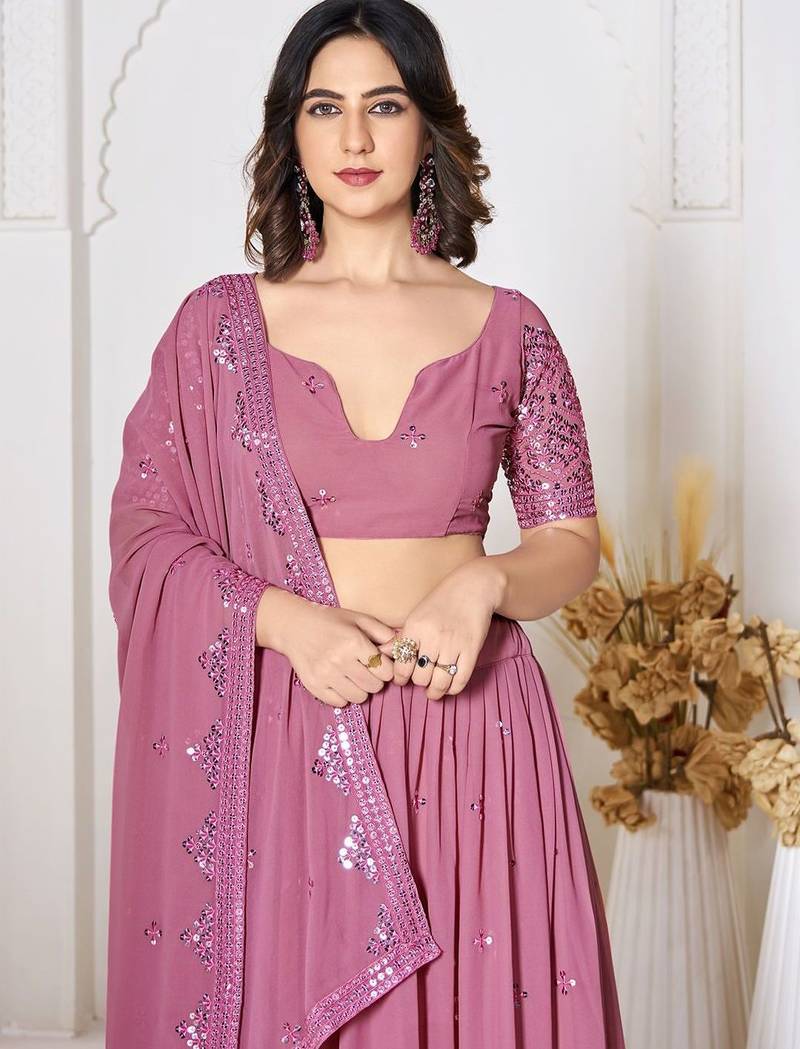 Embroidered Sequinned Semi-Stitched Lehenga & Unstitched Blouse With Dupatta