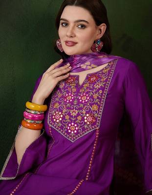 Purple floral embroidered mirror work  a-line kurta with trouser and dupatta 2