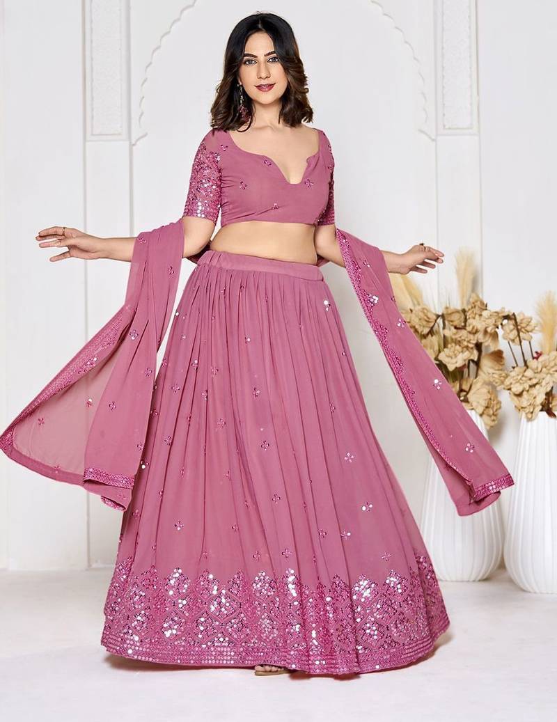 Embroidered Sequinned Semi-Stitched Lehenga & Unstitched Blouse With Dupatta