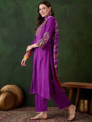 Purple floral embroidered mirror work  a-line kurta with trouser and dupatta 5