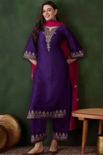 Purple floral embroidered thread work straight kurta with trouser and dupatta