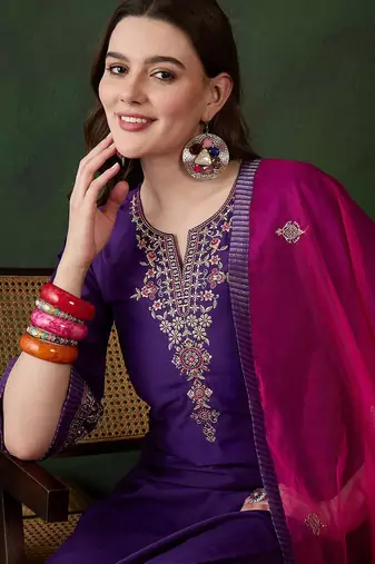 Purple floral embroidered thread work straight kurta with trouser and dupatta