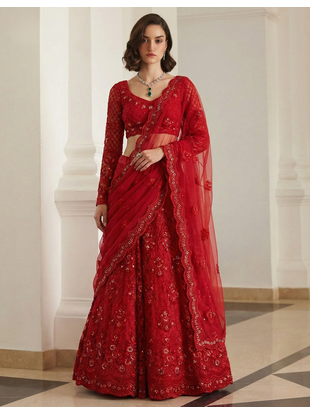 Red Pure Soft Heavy BUTTERFLY Net Sequins Embroidery Work Bridal Lehenga Choli 1