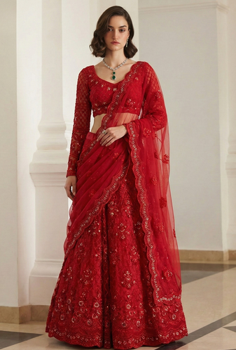 Red Pure Soft Heavy BUTTERFLY Net Sequins Embroidery Work Bridal Lehenga Choli