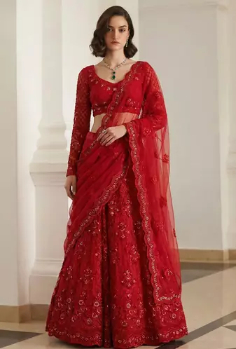 Red Pure Soft Heavy BUTTERFLY Net Sequins Embroidery Work Bridal Lehenga Choli