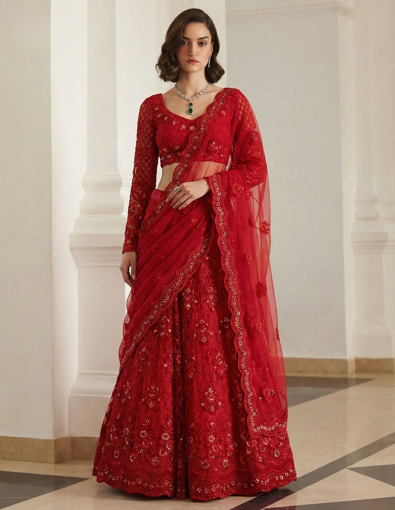 Red Pure Soft Heavy BUTTERFLY Net Sequins Embroidery Work Bridal Lehenga Choli