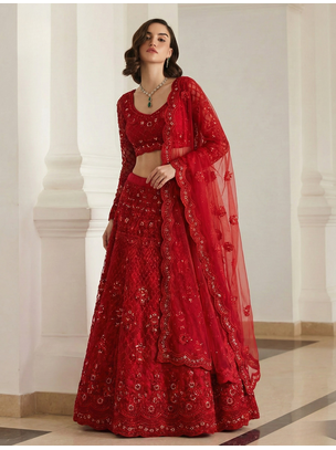 Red Pure Soft Heavy BUTTERFLY Net Sequins Embroidery Work Bridal Lehenga Choli 2