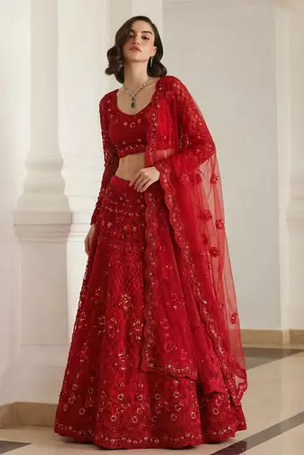 Red Pure Soft Heavy BUTTERFLY Net Sequins Embroidery Work Bridal Lehenga Choli