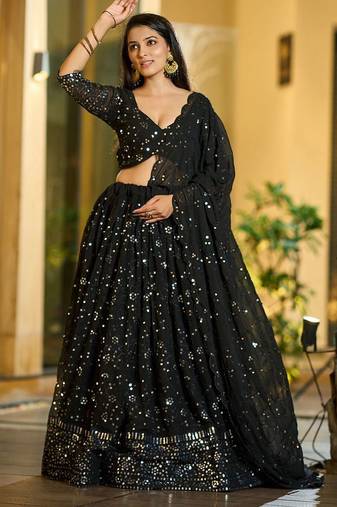 Embroidered Sequinned Semi-Stitched Lehenga & Unstitched Blouse With Dupatta