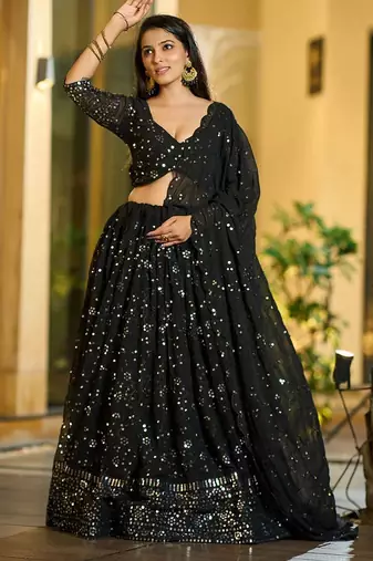 Embroidered Sequinned Semi-Stitched Lehenga & Unstitched Blouse With Dupatta