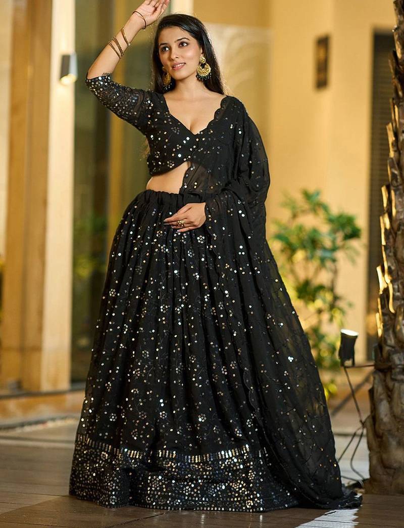 Embroidered Sequinned Semi-Stitched Lehenga & Unstitched Blouse With Dupatta
