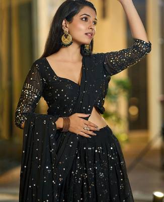 Embroidered Sequinned Semi-Stitched Lehenga & Unstitched Blouse With Dupatta 2