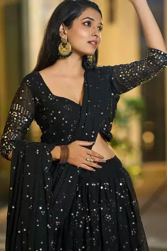 Embroidered Sequinned Semi-Stitched Lehenga & Unstitched Blouse With Dupatta