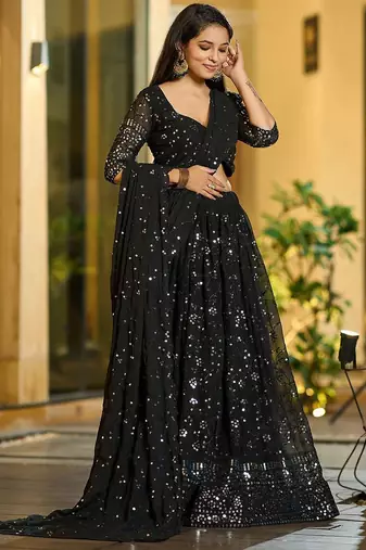 Embroidered Sequinned Semi-Stitched Lehenga & Unstitched Blouse With Dupatta